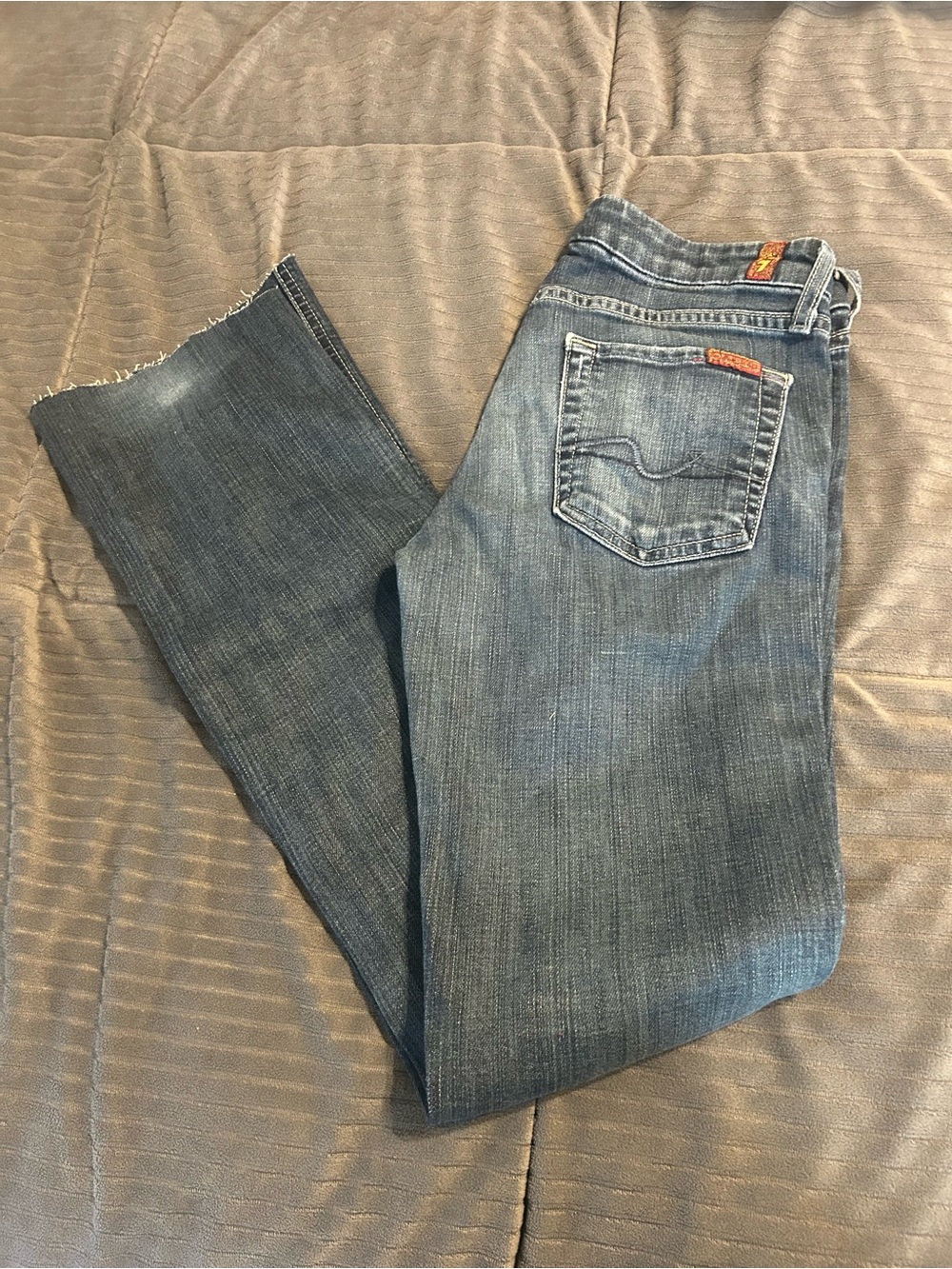 7 for all mankind Dark Wash Straight Leg Jeans with Faded Detail( cut off)